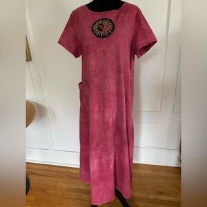 Vintage 90s Deep Pink T-shirt Tie-Dye Maxi Dress with Boho Sun design. Size L
